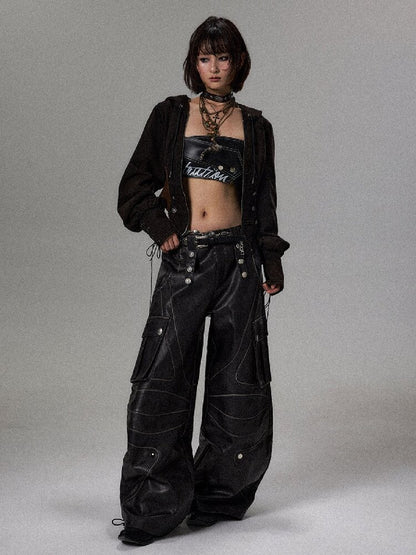 Vintage Washed Curved Leather Pants【s0000018492】