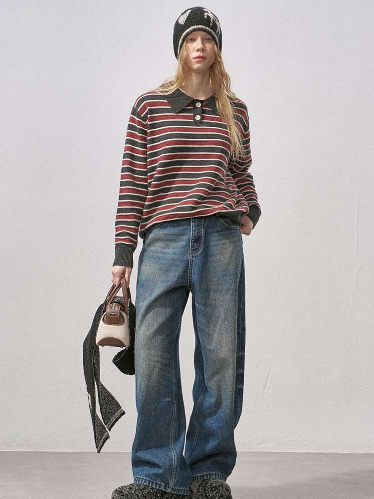 Cotton Wool Striped Polo Pullover【s0000015233】
