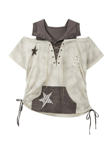 Hooded Tie Dye Five Pointed Star Top【s0000016536】