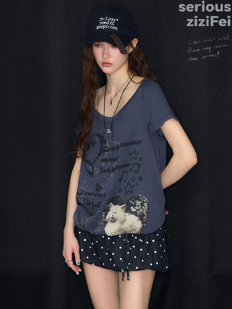Cat Print Lazy Drawstring T-Shirt【s0000017253】