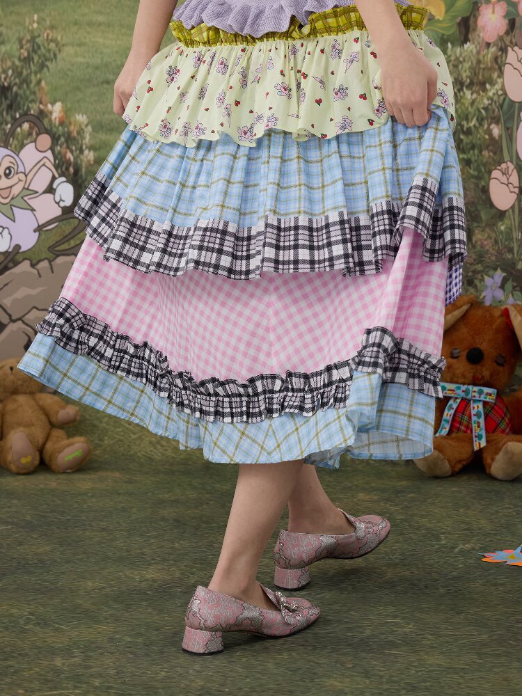 Plaid Print Cotton Lace Midi Skirt【s0000017119】
