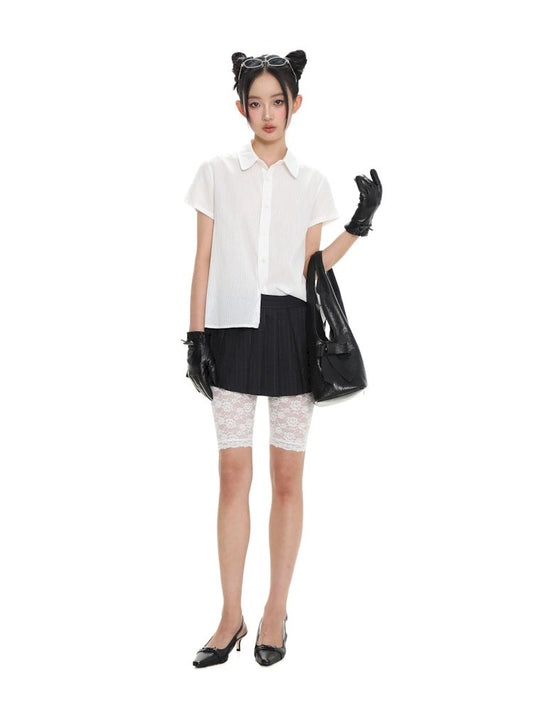 Stripe Embroidery Label Lapel Tie Short Sleeve Shirt【s0000008651】