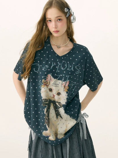 Loose Polka Dot Cat Print T-Shirt【s0000016856】