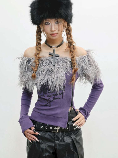 Hairy One-Shoulder Slim Print Knit T-Shirt【s0000014828】