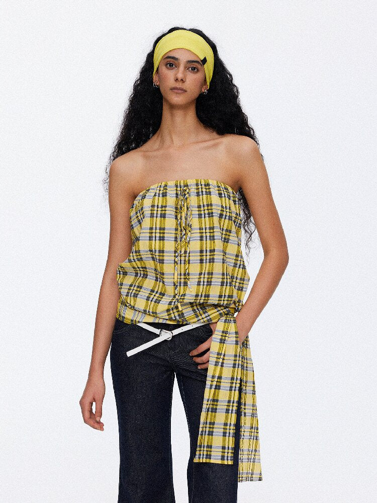 Striped Plaid Lace Up Bandeau Top【s0000015924】