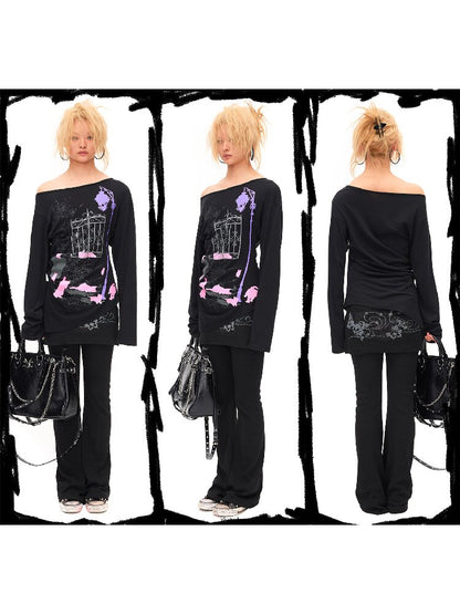 Dark Night Cat Slanted Long Top【s0000016935】