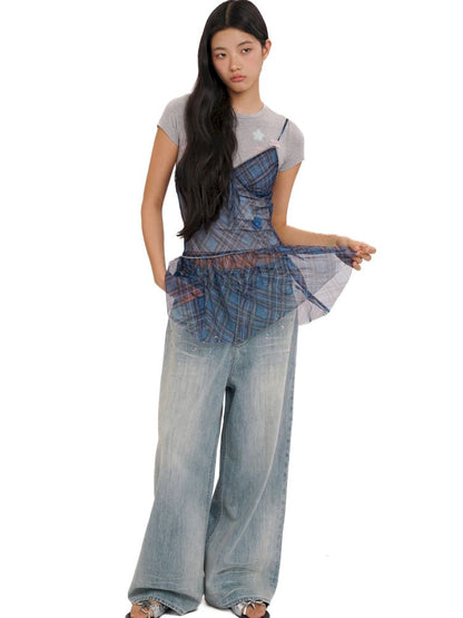 Colorful plaid split bow tie halter dress【s0000013433】