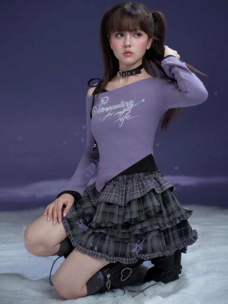 Black Purple Print Fake Two Tee【s0000015469】