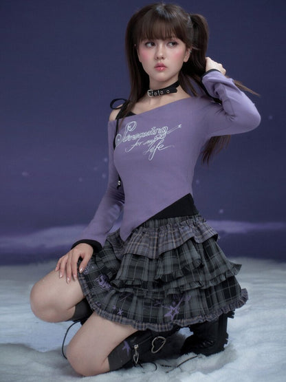 Black Purple Print Fake Two Tee【s0000015469】