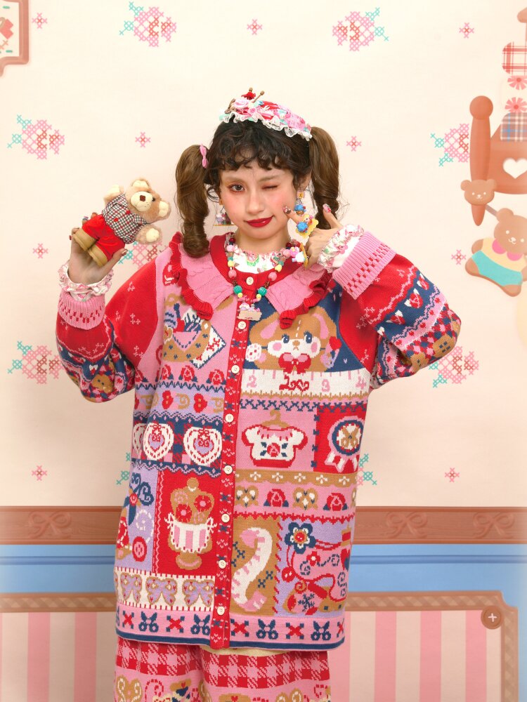 Red Navy Blue Jacquard Cardigan【s0000015570】