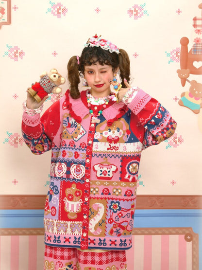 Red Navy Blue Jacquard Cardigan【s0000015570】