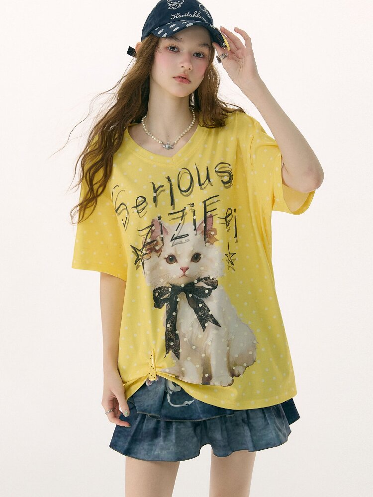 Loose Polka Dot Cat Print T-Shirt【s0000016857】