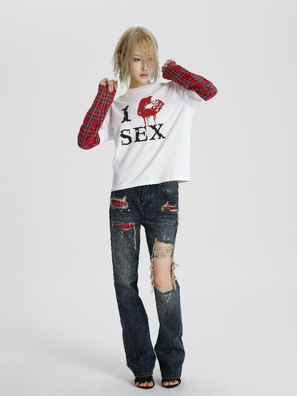Red Plaid Patchwork Long T-Shirt【s0000018566】