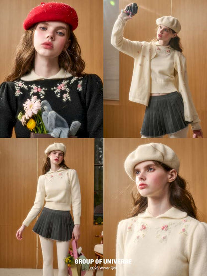 Wool Warm Hand-Embroidered Doll Collar Knit【s0000014893】