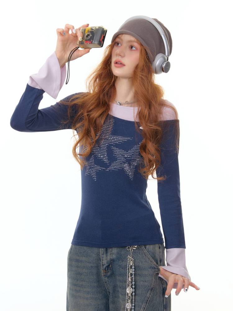 Star Print Dark Blue Long Sleeve T-Shirt【s0000014361】