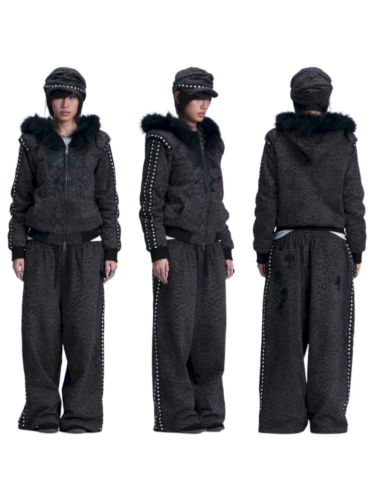 Leopard Print Plush Hooded Slacks Set【s0000014663】