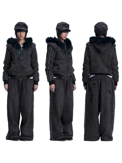 Leopard Print Plush Hooded Slacks Set【s0000014663】