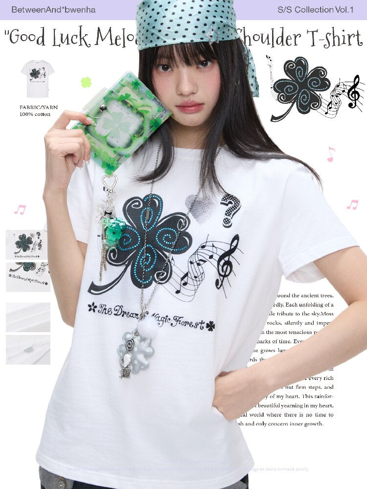 White Melody Shoulder Sleeve T-Shirt【s0000016381】