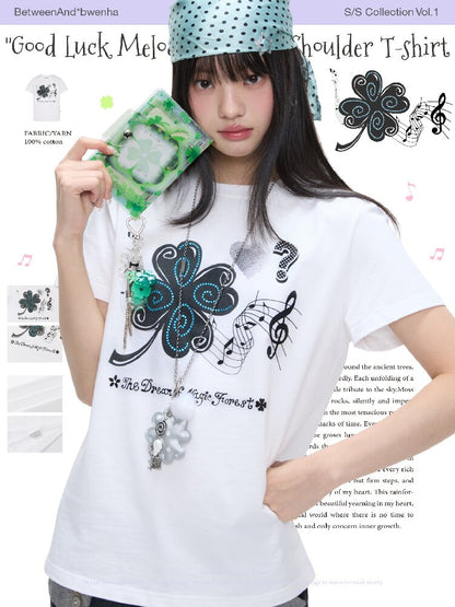 White Melody Shoulder Sleeve T-Shirt【s0000016381】