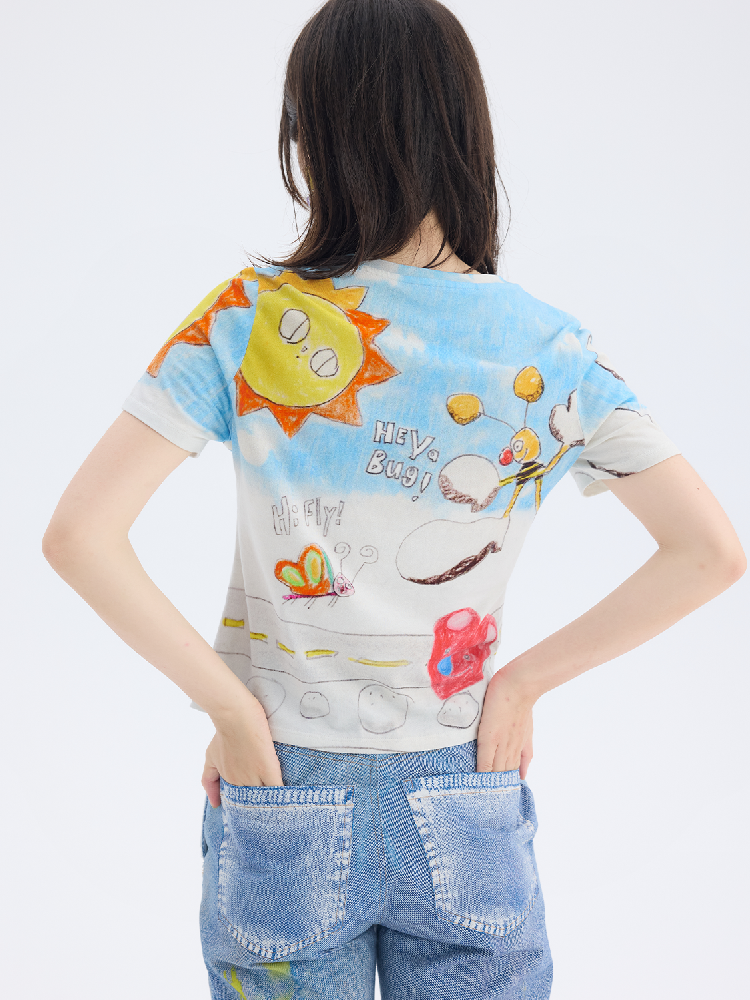 Graffiti Print Straight Shoulder Tee【s0000017694】