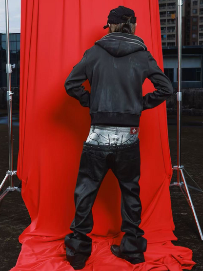 Washed Damaged Leather Zip Hoodie【s0000019112】