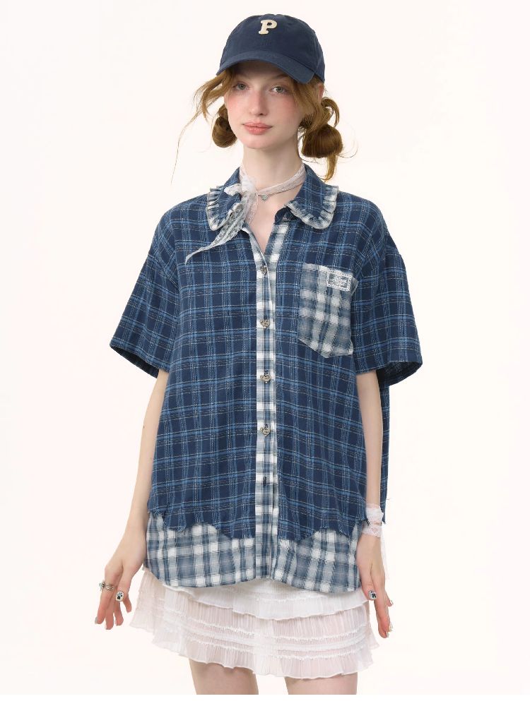 Plaid Patchwork Short Sleeve Shirt【s0000012230】