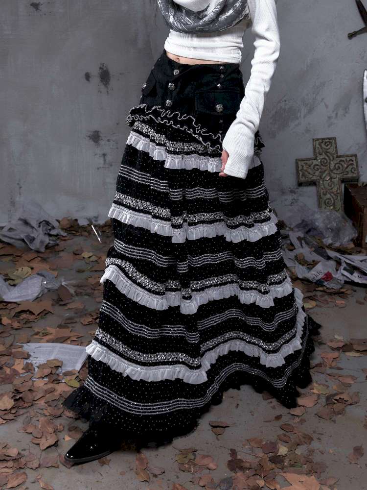 Patchwork Gathered A-Line Skirt【s0000014461】