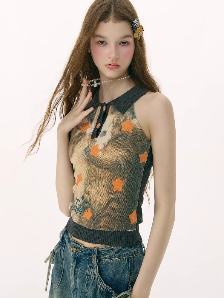 Starfall Cat Print Knitted Vest【s0000016849】