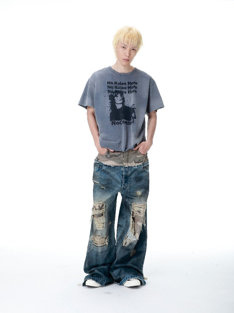 Vintage Print Distressed Washed T-Shirt【s0000017299】