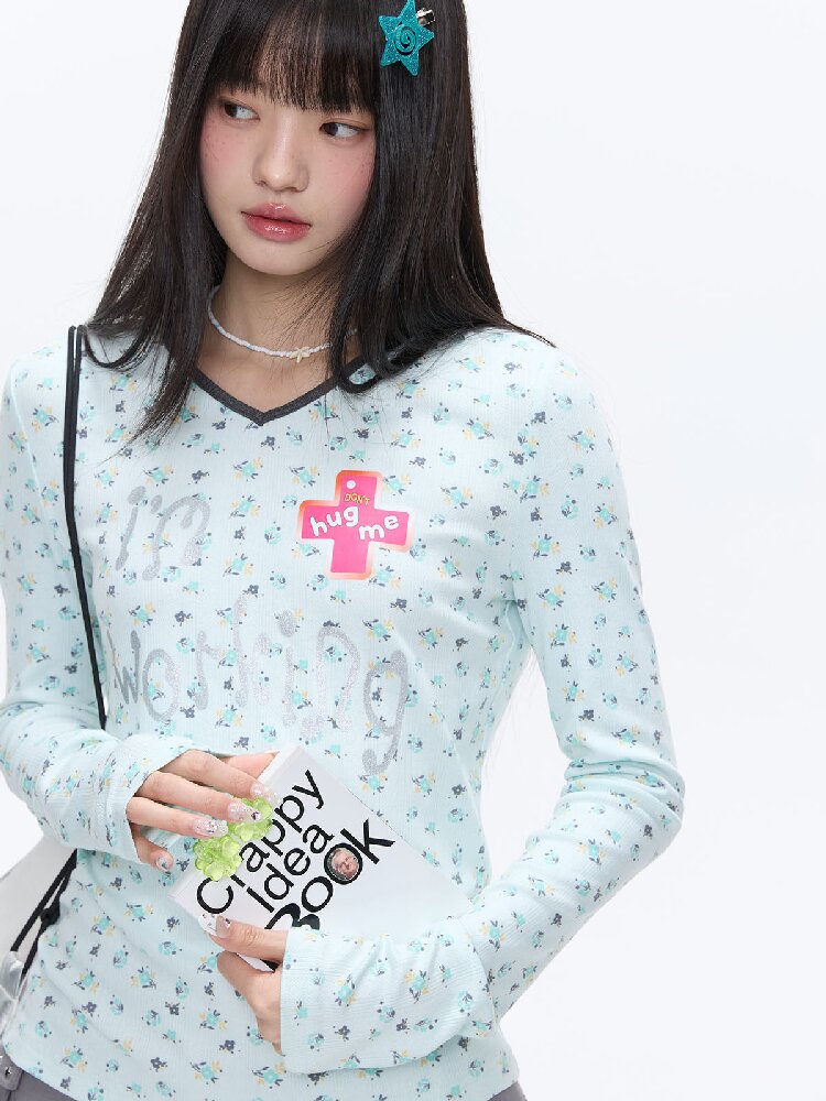 Full Print V Neck Long Sleeve Top【s0000016406】