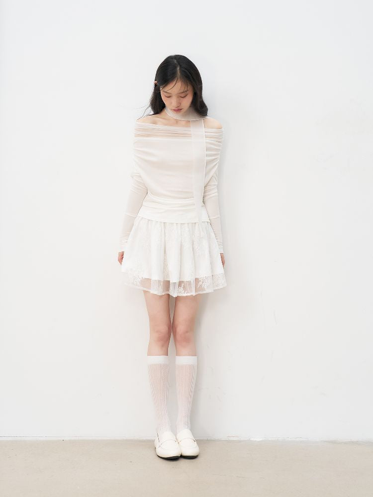 One Shoulder Top + Lace Embroidered Half Skirt【s0000011955】