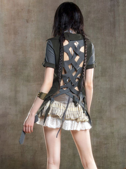 Lapel Short Sleeve Backless t-shirt【s0000012646】