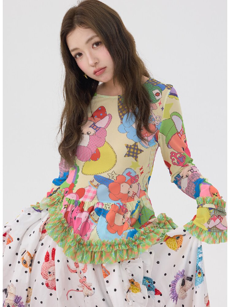 Two Color Cartoon Mesh Lace Top【s0000016197】