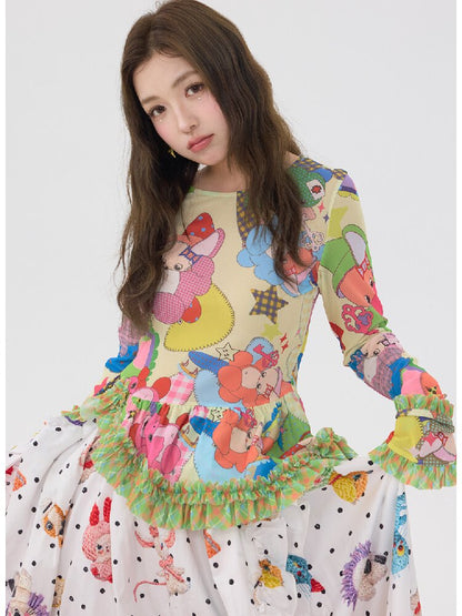 Two Color Cartoon Mesh Lace Top【s0000016197】