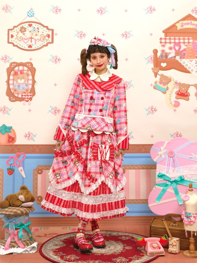 Red Pink Check Lace Skirt Blazer【s0000015574】