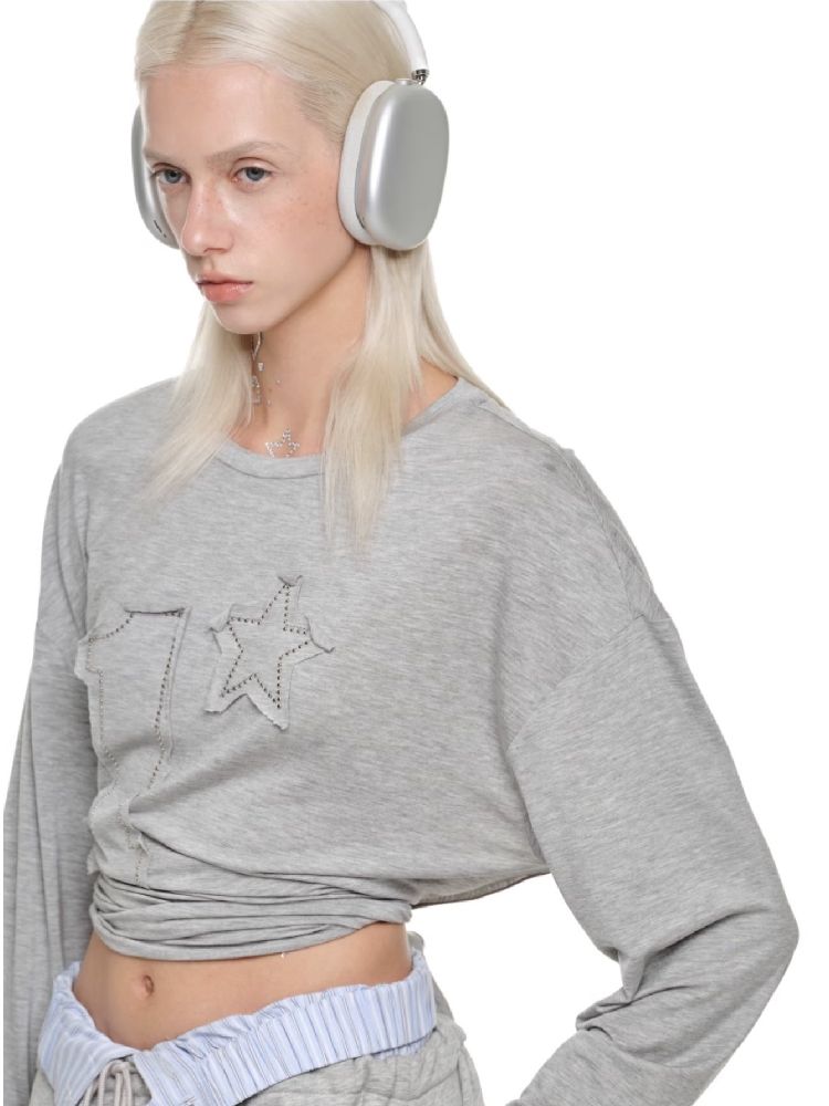 스터드 둥근 목이 긴 소매 티셔츠 [S0000011610]