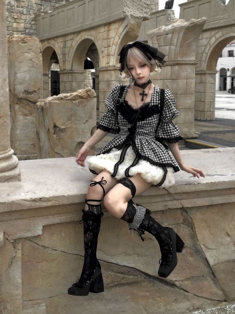 Plaid Lace Tie Bubble Sleeve Rose Set【s0000012437】