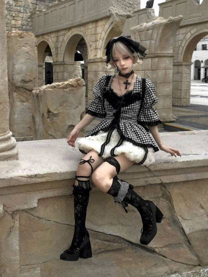 Plaid Lace Tie Bubble Sleeve Rose Set【s0000012437】