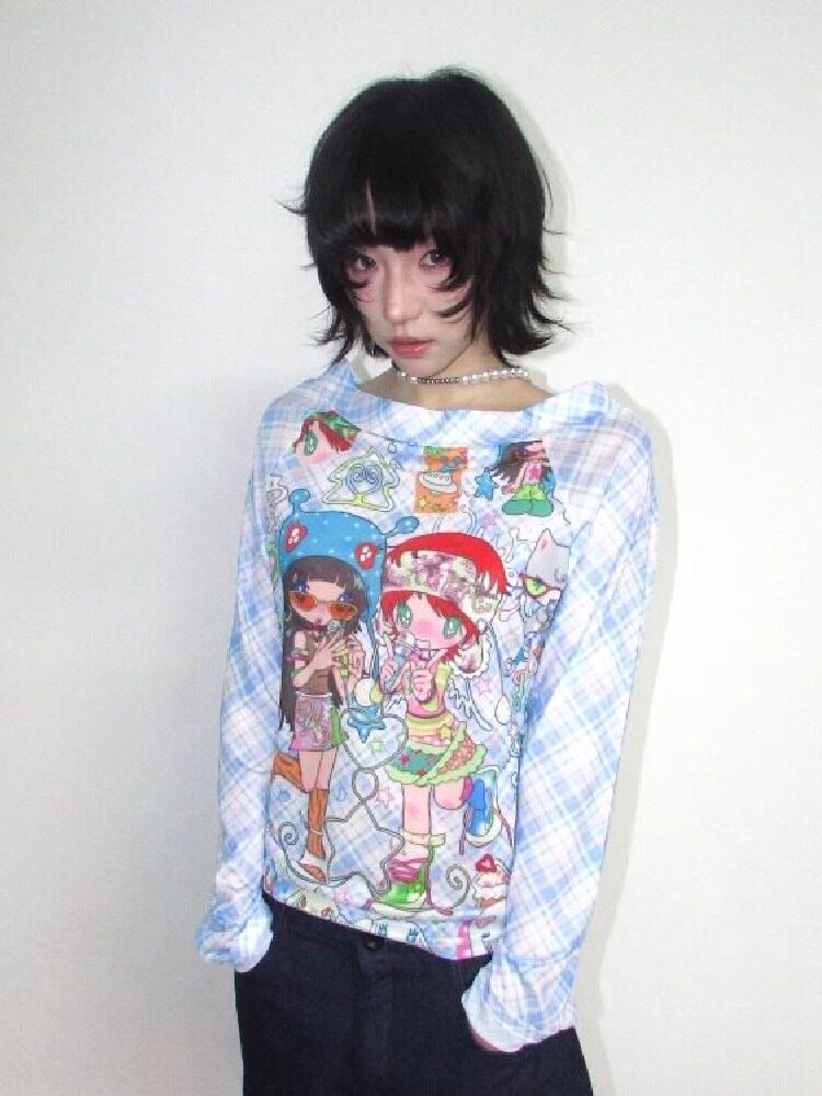 Check Stretch Mesh Long Sleeve Top【s0000018654】