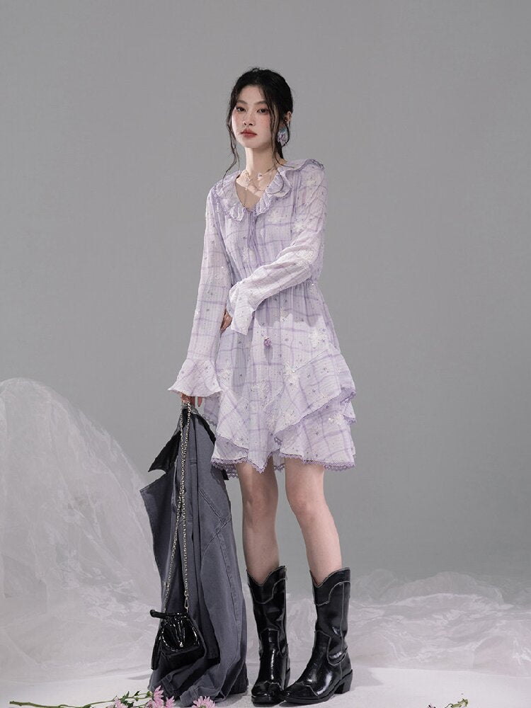 Purple Butterfly Print Ruffled Dress【s0000015739】