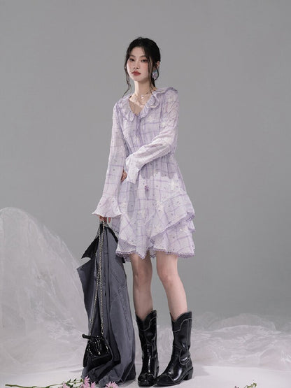 Purple Butterfly Print Ruffled Dress【s0000015739】