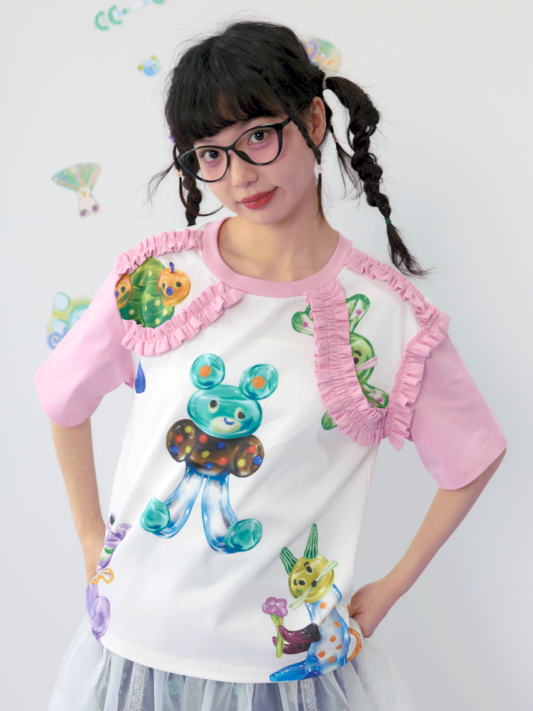 Candy print frilly lace cotton T-shirt【s0000009539】