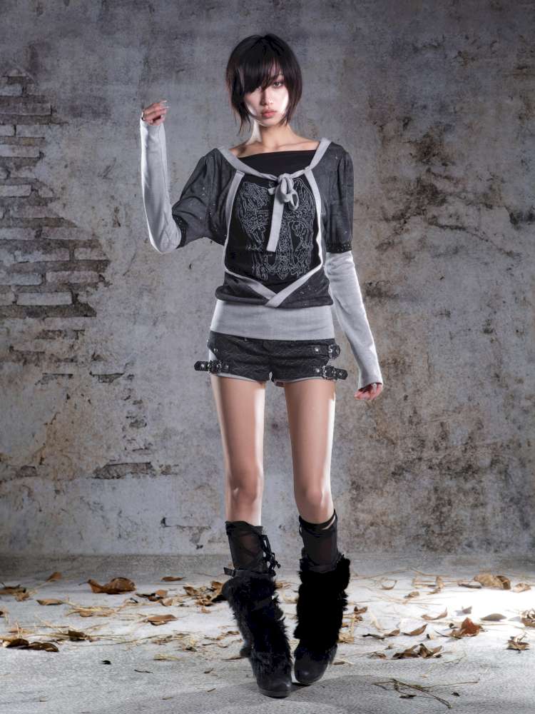 High-Stretch Printed Rhinestone Knit Top【s0000014490】