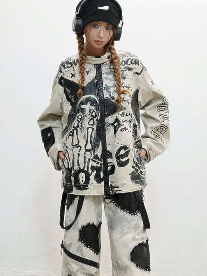 Old Printed Motorcycle Punk Thick Leather Jacket【s0000014829】