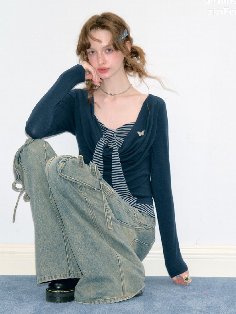 Striped Tie Knit Top Long Sleeve【s0000017880】