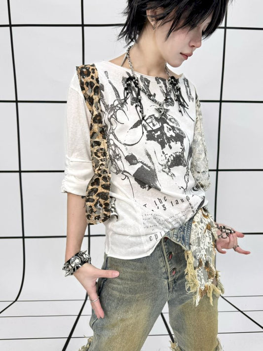 Raw Edge Aged Printed False Two Piece T-Shirt【s0000013714】