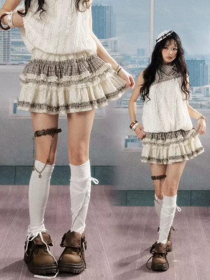 Plaid Lace Patchwork Fringe Skirt【s0000016538】