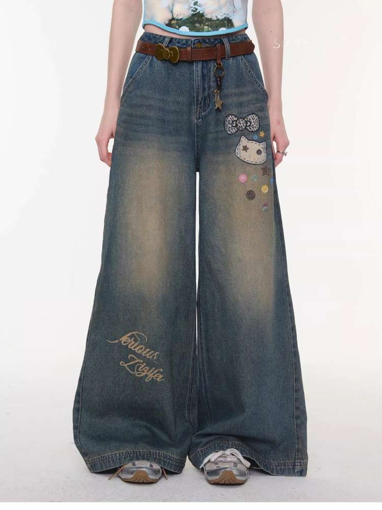 Cat Printed Straight Wide Jeans【s0000015431】