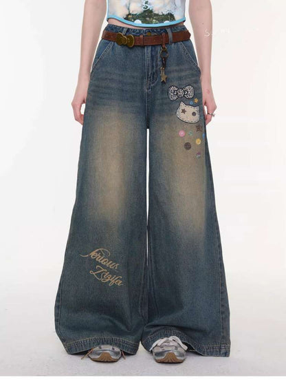 Cat Printed Straight Wide Jeans【s0000015431】