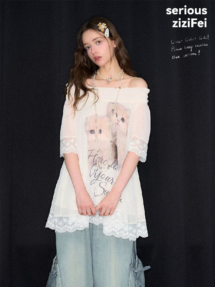 Lace Patchwork Cat Print T-Shirt【s0000017303】